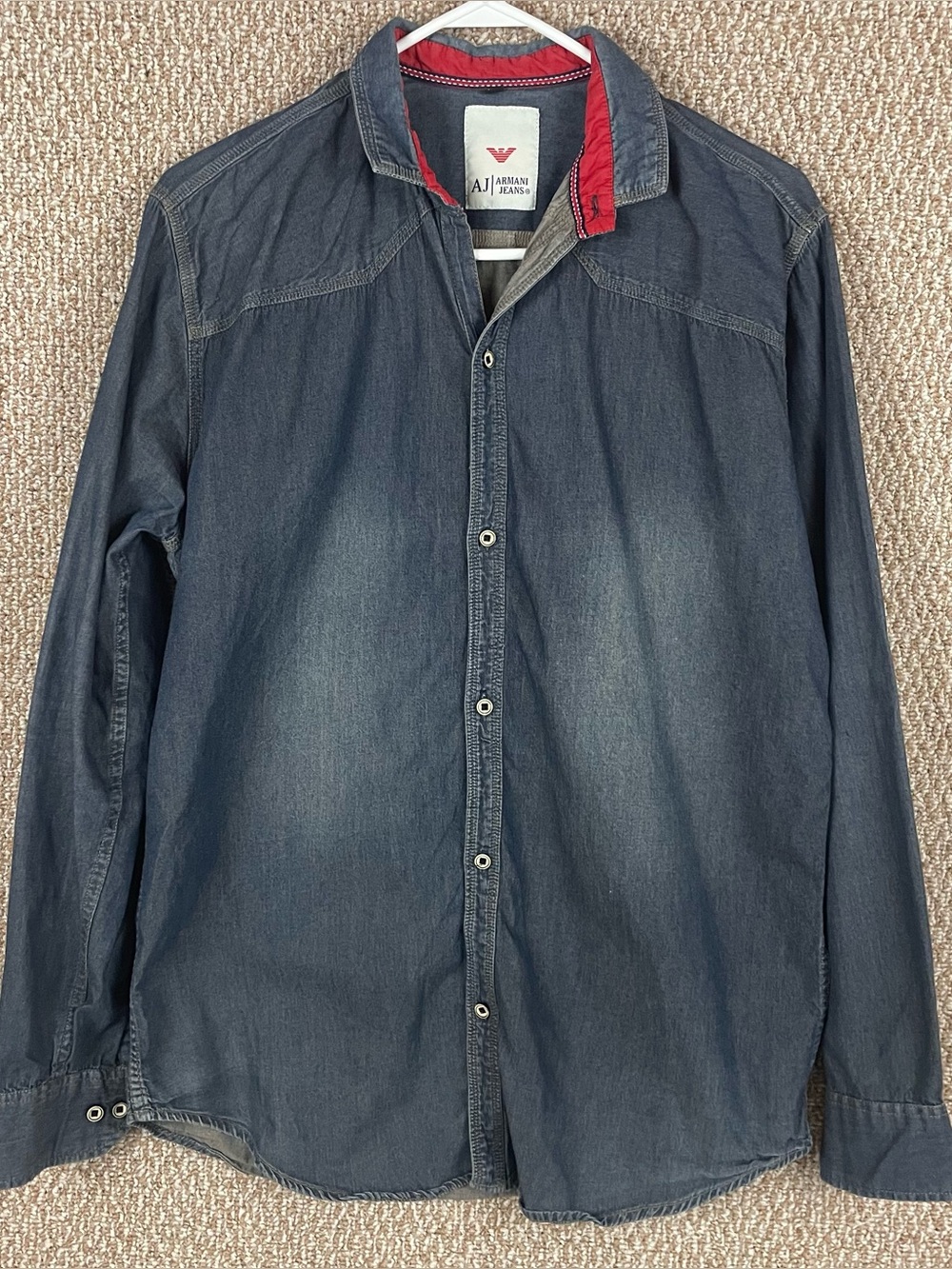 Armani Jeans Button Up Shirt Mens XL Blue Chambray Denim Western Quiet Luxury 86